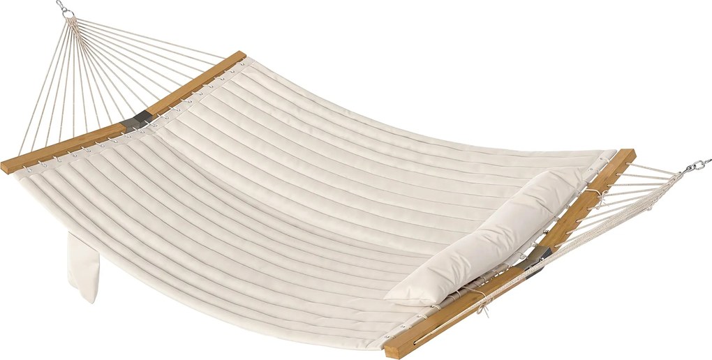 Outsunny kültéri függőágy 200 x 140 cm – két rétegű steppelt dupla függőágy fejtámlával, újságtartóval és bükkfa terítőrúddal, krémfehér | Aosom