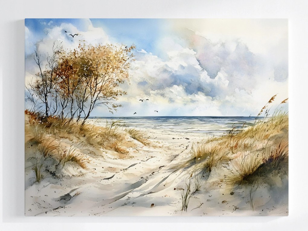 Vászonkép Canvas Kilátás Tengerpart Homok Dűnék Tenger Hullámok Sirályok 100x75