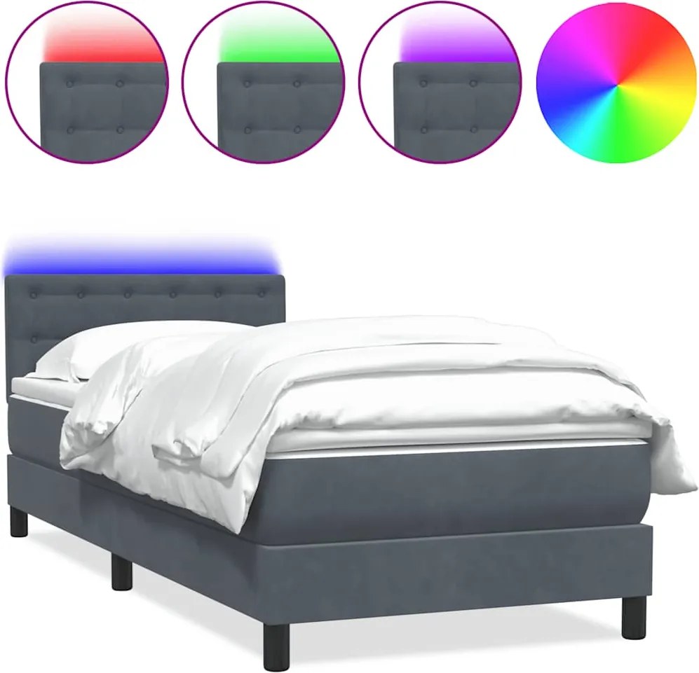vidaXL sötétszürke bársony rugós és LED-es ágy matraccal 90x210 cm