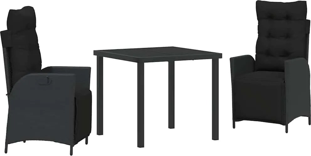 vidaXL Kert étkező szett párnával 3 pcs Fekete polirattan