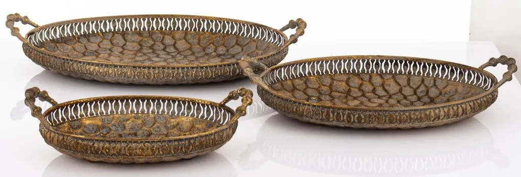 Antique keleties jellegű ovális dombormintás óarany 3db-os tálca szett 9x49x27 / 9x42x23 / 9x31x17cm