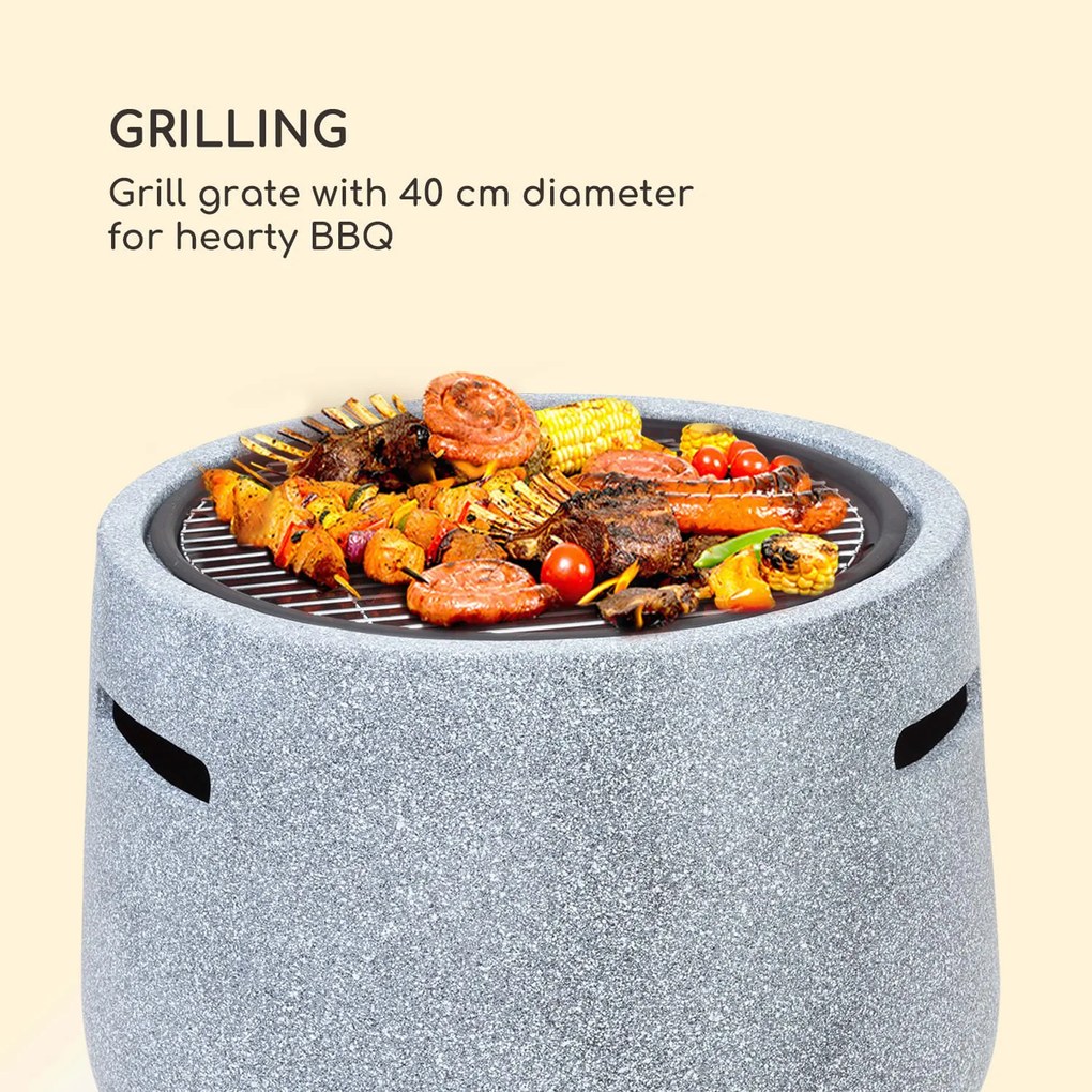 Evora, tűzrakóhely, Ø 45cm, grill rostély, műkő, acél, fekete/kő utánzat