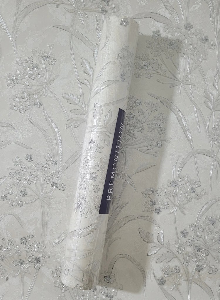 Fali tapéta, dekoratív ezüst virágokkal, ezüst csillámokkal, Dj243806