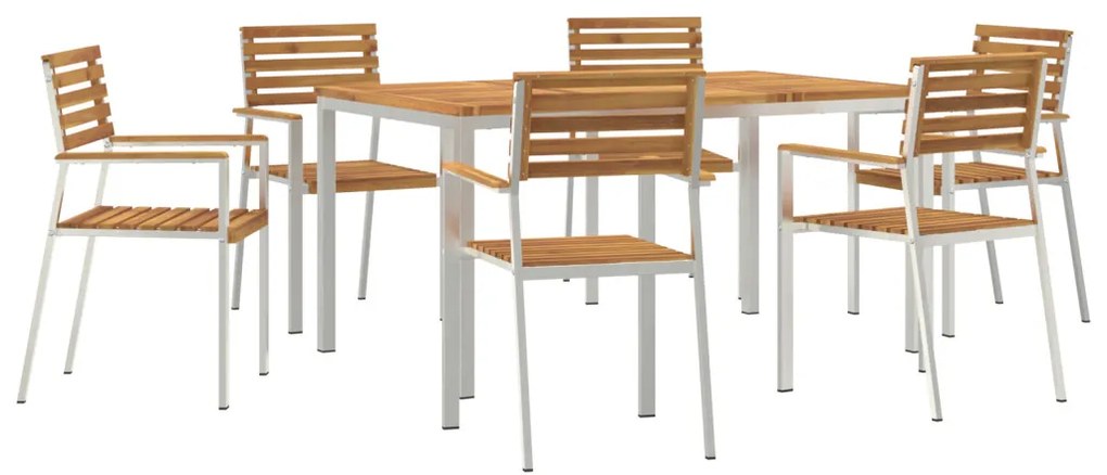 7 Darabos Kerti Étkezőszett Tömör Akácfából, Kültéri Étkezőasztal 150x90x75 cm Tömör Akácfából, Összecsukható Kerti Székek 2 db Tömör Akácfa és Acél, Összecsukható Kerti Székek 4 db Tömör Akácfa és Acél