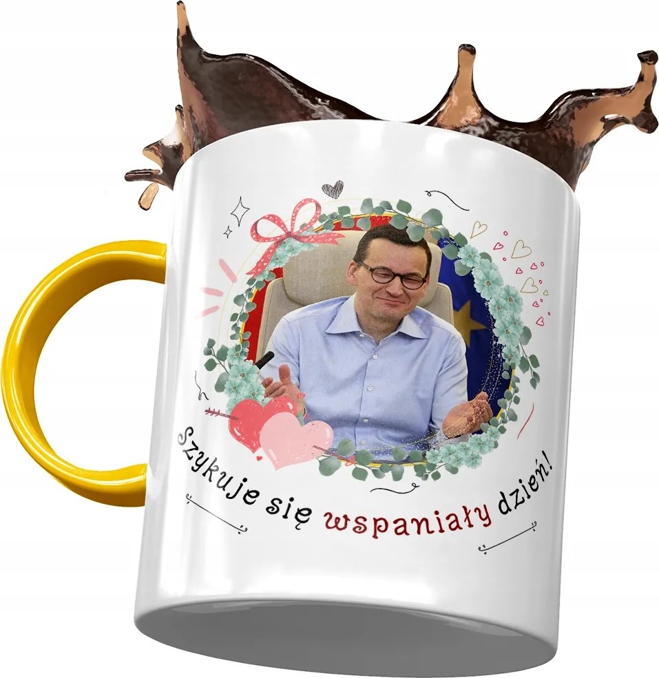 Sárga bögre Mateusz Morawiecki Premier Ajándék Nyomtatott Fotóval