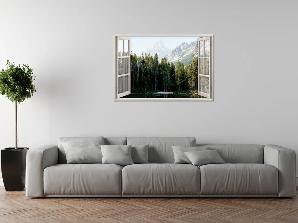 Gario Vászonkép Nyitott ablak Erdei tó Méret: 120 x 80 cm
