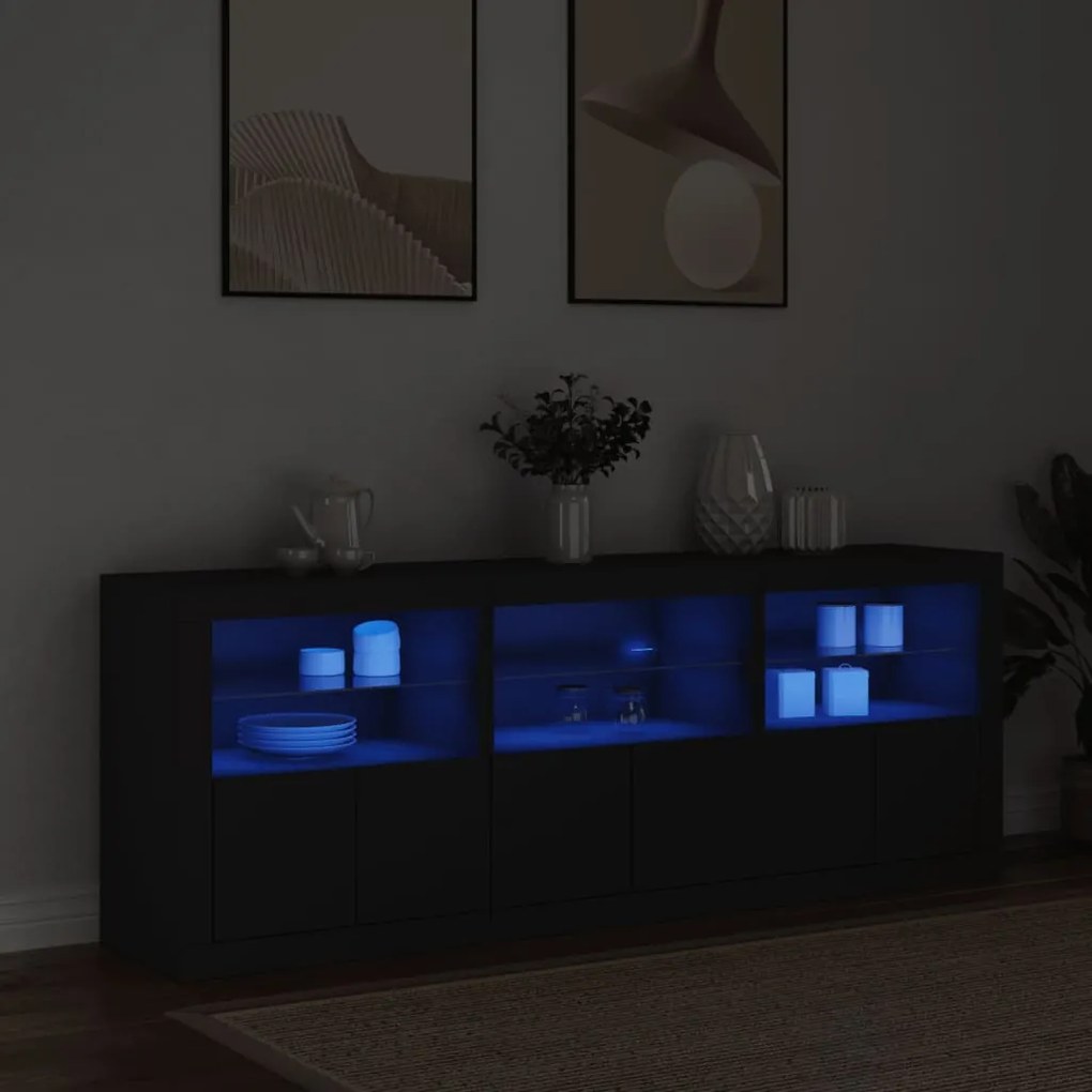 fekete tálalószekrény LED-világítással 181,5x37x67 cm