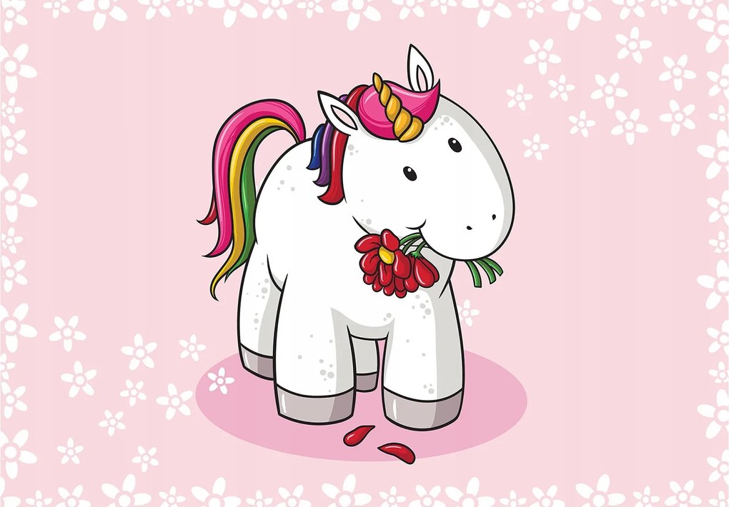 Fotótapéta Unikornis rózsaszín kertben vinil 416x290 mesebeli mágia +ragasztó