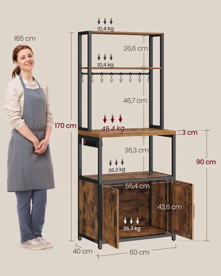 VASAGLE konyhai tárolópolc beépített elosztóval, 40 x 60 x 170 cm, rusztikus barna és fekete