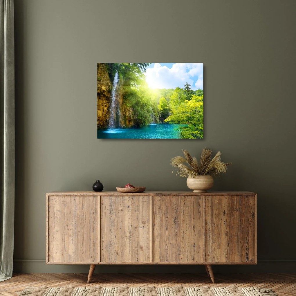 Kép - vízesések az erdőben (üvegen) (70x50 cm)