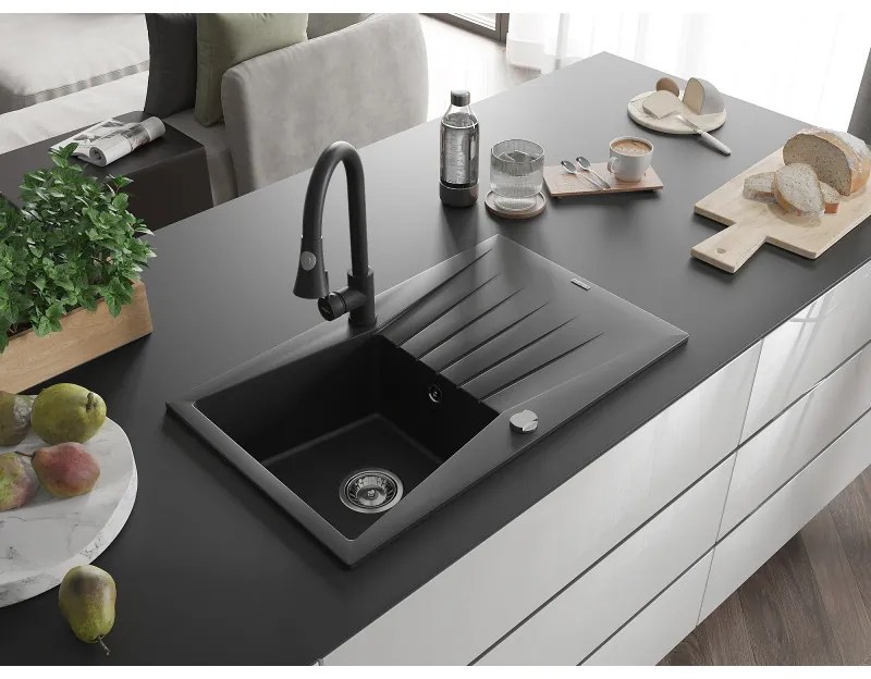 Mexen Cesar, 1 kamrás gránit mosogató 775x470x190 mm és Elia mosogató csaptelep, fekete, 6514-77-670101-70