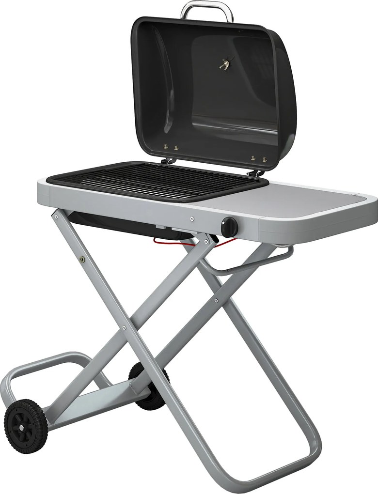 Outsunny hordozható 1-égős 2,5 kW összecsukható gázgrill kocsival, oldalsó polccal, fedélhőmérővel és csepegtetőtálcával – asztali kültéri grill BBQ-h