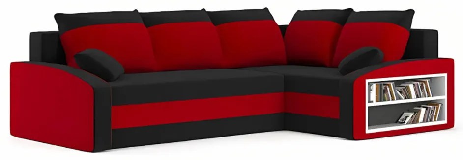 Grande sarokkanapé polcokkal , polc a jobb karfaban, jobboldali, szövet anyag, hab töltet, fekete - piros