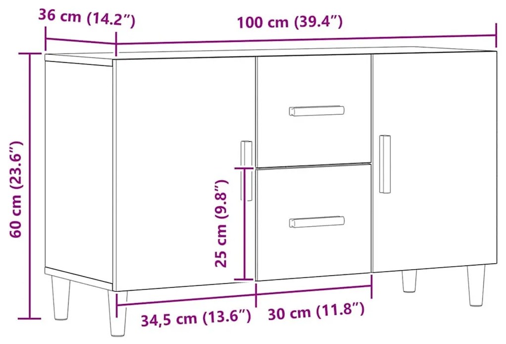 kézműves tölgy színű szerelt fa tálalószekrény 100 x 36 x 60 cm