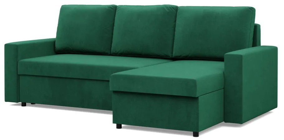 Zeus sarokkanapé, 2 ágyneműtartóval, egyenes kartámasz, bársony, univerzális oldal, hab töltet, zöld