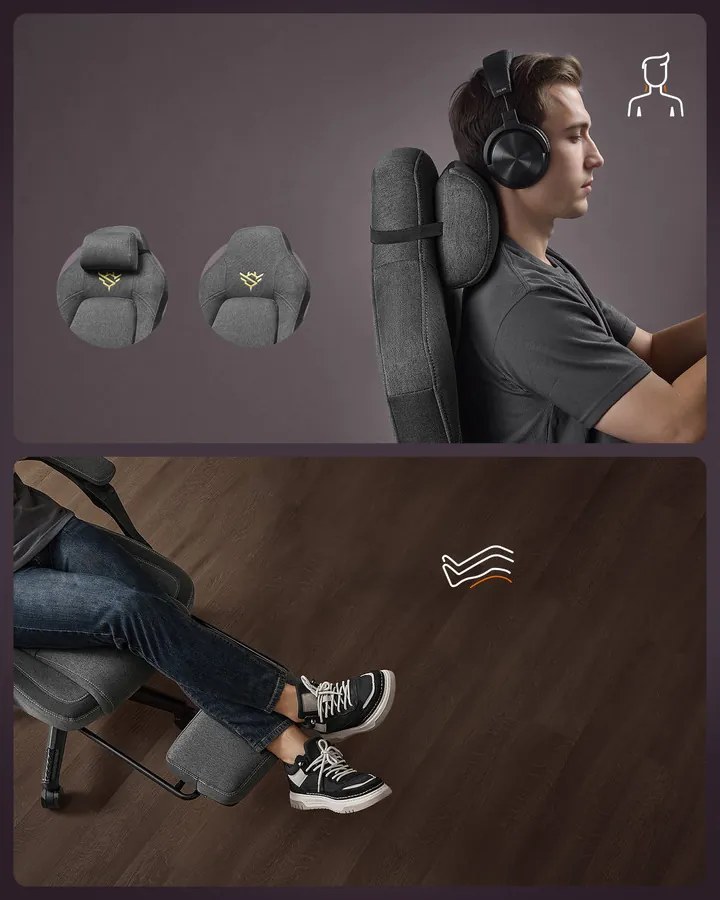 Ergonomikus gamer szék lábtartóval, állítható, galambszürke párnával