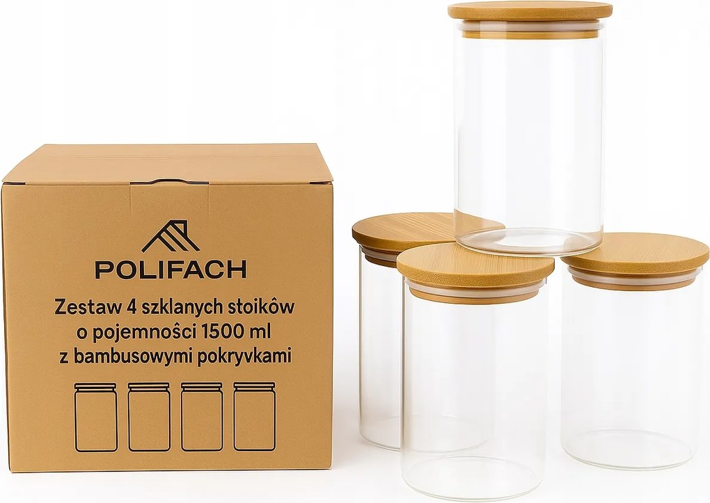 4 db 1500 ml-es üveg tárolóedény Bambo fedővel, élelmiszer tárolására, befőttesüveg, kancsó PF-998