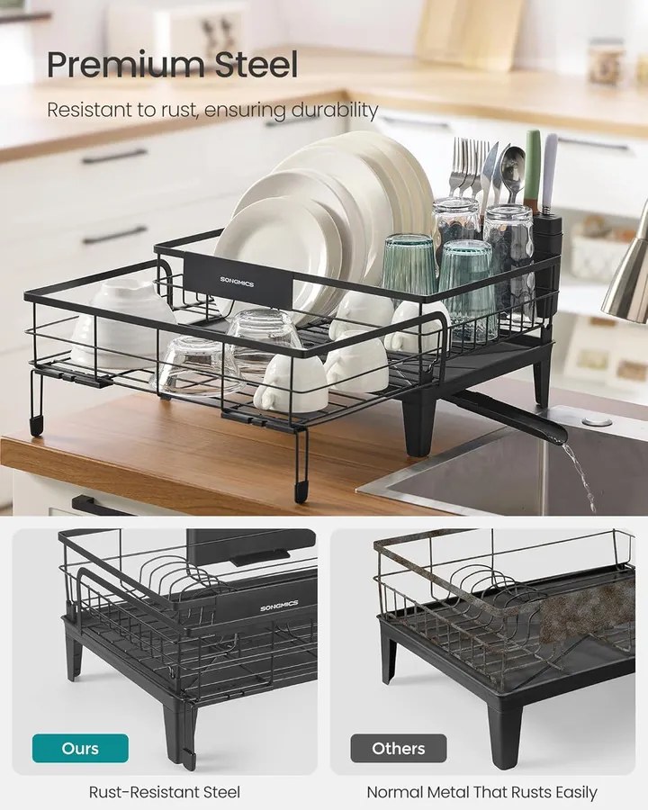 Edényszárító állvány, 360°-ban forgatható és kihúzható lefolyóval, fekete