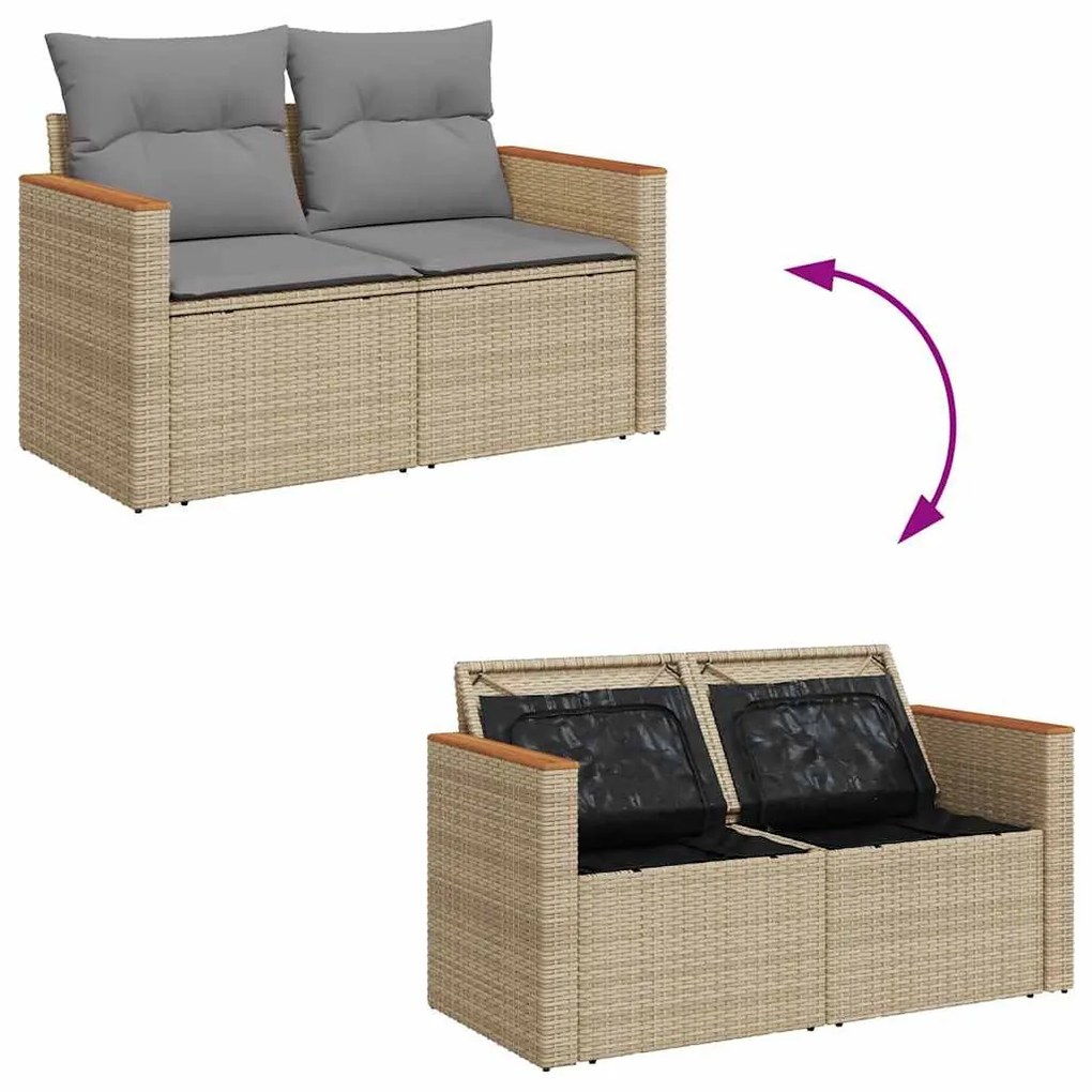 11 részes bézs polyrattan akácfa kerti ülőgarnitúra párnákkal