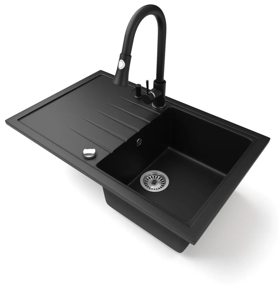 Gránit mosogató NERO Eris + kihúzható zuhanyfejes Snake csaptelep + adagoló + dugókiemelő (matt fekete)