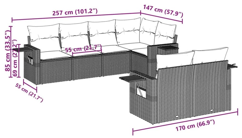 7 részes fekete polyrattan kerti ülőgarnitúra párnával