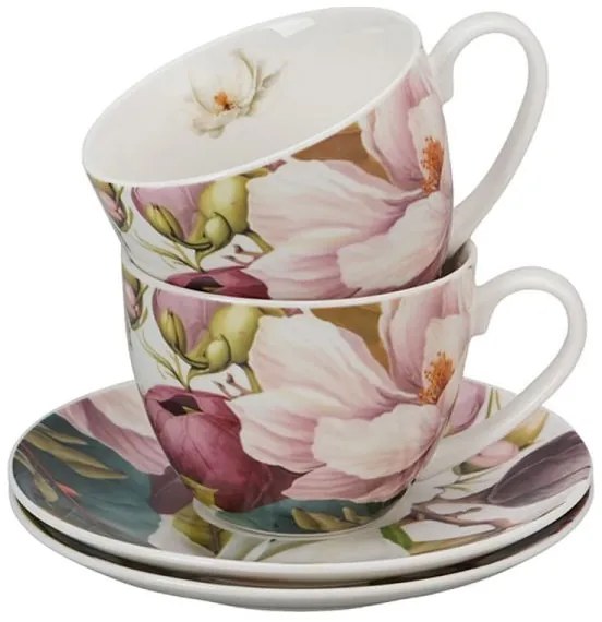 Magnólia virágos porcelán csésze aljjal - 270 ml - 2 személyes készlet díszdobozban