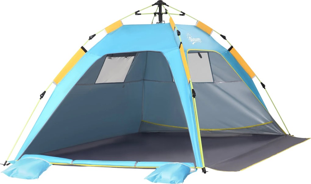 Outsunny Pop Up Strand Sátra Kihúzható Ablakokkal és Cipzáros Ajtóval, Azonnali Poliészter és Üvegszálas Sátor, 220x173x120 cm, Világoskék és Sárga |