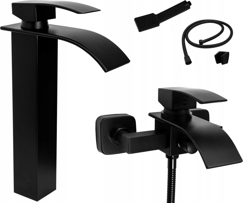 Fekete Kádtöltő Csaptelep Mosdó Vízesés Szett