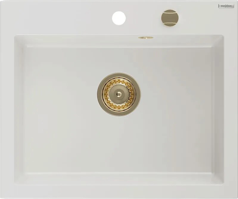 Mexen Elix gránit mosogató 1-medencés 600 x 500 mm, fehér, arany szifon - 6525601005-20-G