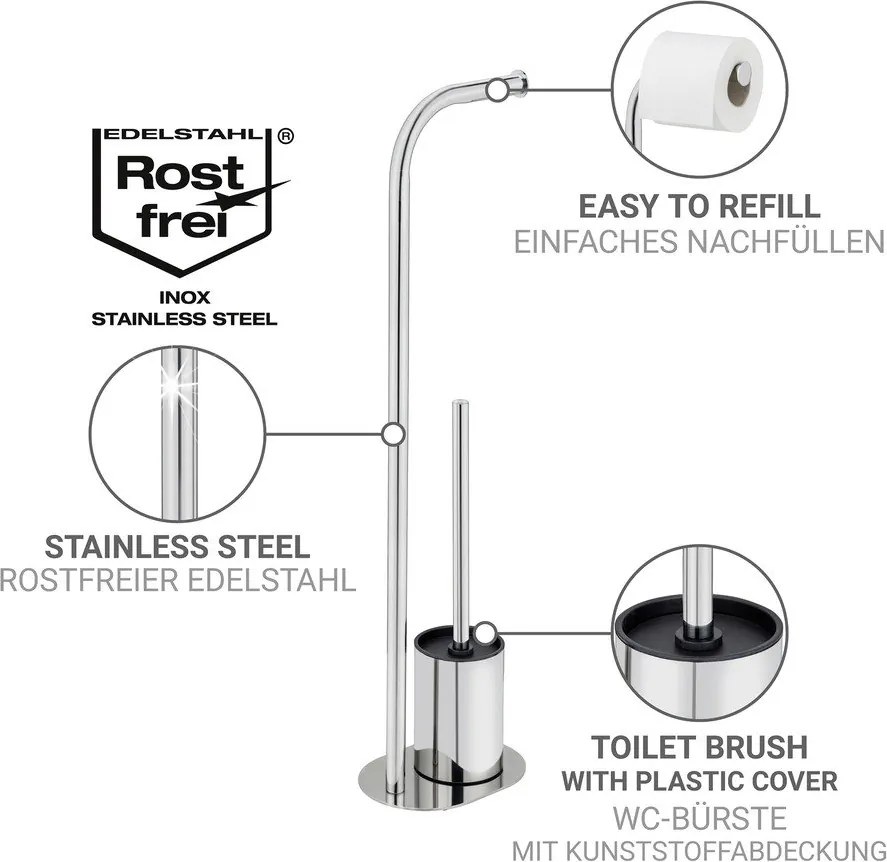 Fényes ezüstszínű rozsdamentes acél WC-papír tartó állvány WC-kefével Levante – Wenko