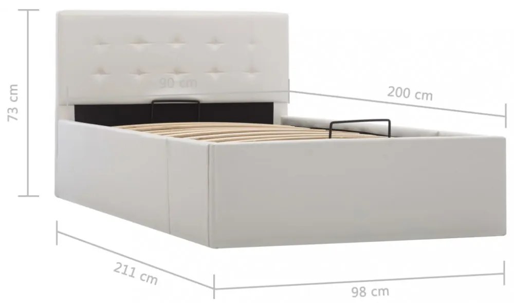 fehér műbőr ágykeret hidraulikus ágyneműtartóval 90 x 200 cm