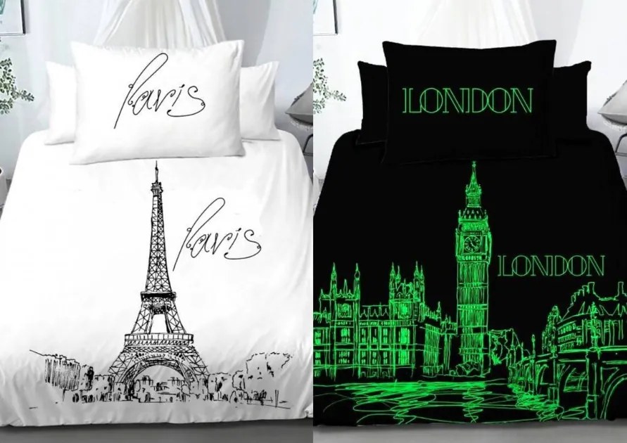 Világító pamut ágyneműhuzat Deluxe 3D nappal Párizsban éjszaka Londonban 200x140cm+90x70cm TiaHome