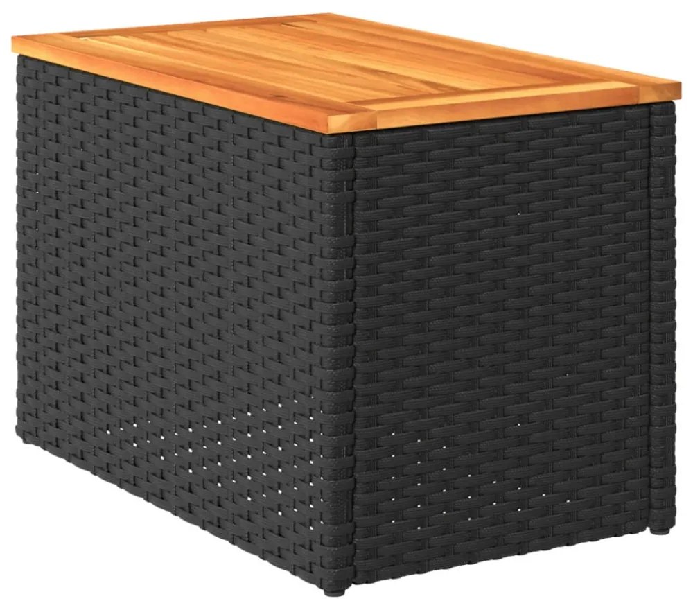 2 db fekete polyrattan és tömör fa kerti kisasztal 55x34x37 cm