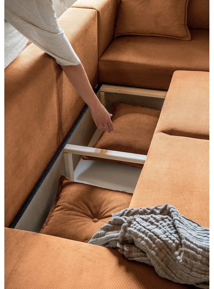 Téglavörös kordbársony kinyitható sarokkanapé (jobb oldali-U alakú) Lazy Lukka – Miuform