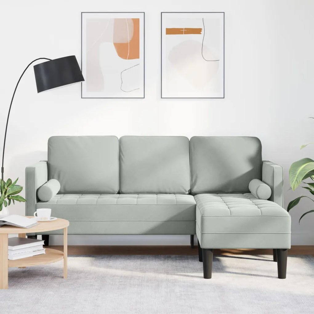 Kerti Kanapé Ülőrésszel és Párnákkal L-alakú Világosszürke Bársonyos, 3-üléses Kanapé Chaise L-alakú Világosszürke 160 cm Bársonyos, Pad Világosszürke 113 cm Bársonyos