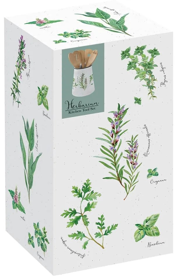 Fűszernövény mintás Porcelán fakanáltartó bambuszkanállal Herbarium