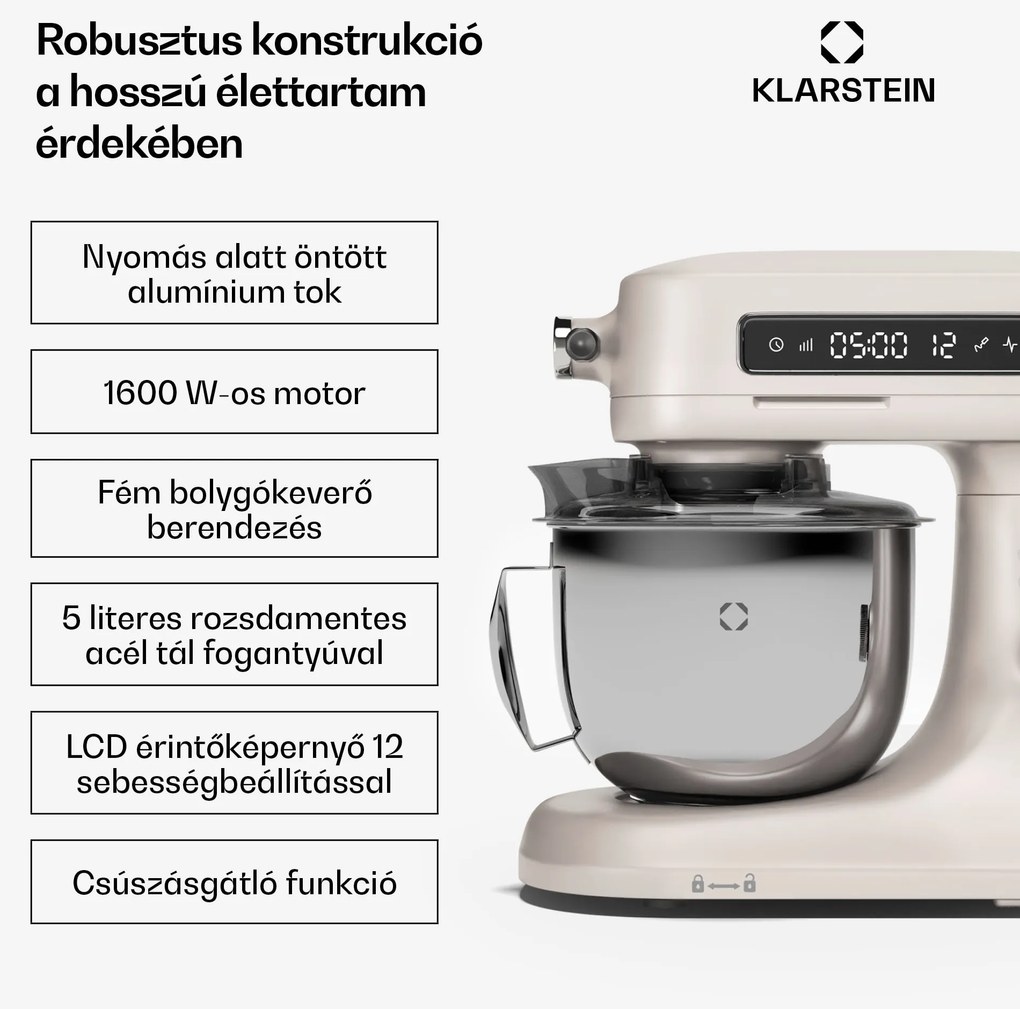 Klarstein Chiara konyhai robotgép, 1600 W, 12 beállítás, rozsdamentes acél tál, LCD kijelző, Tartozékokkal együtt