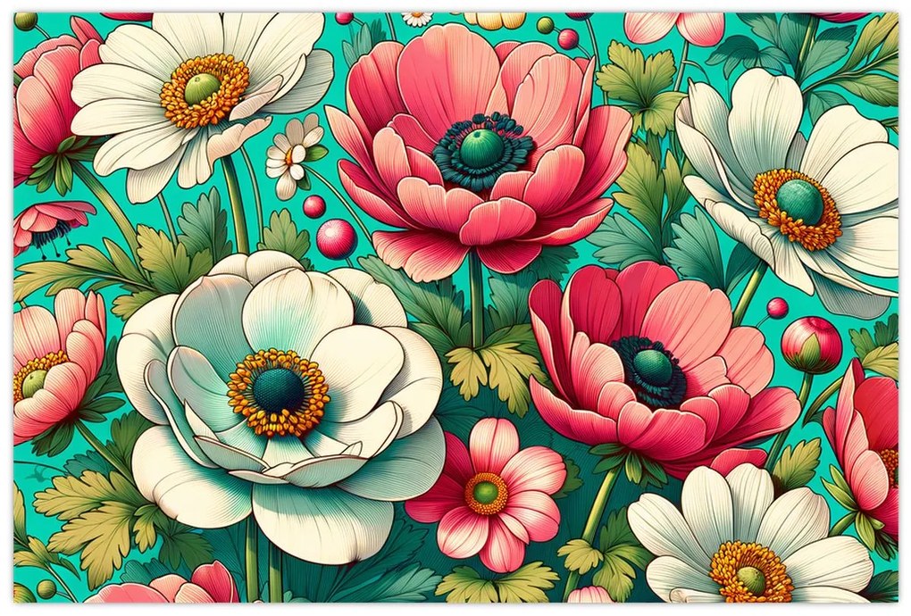 Kép - Virágok kék háttéren (90x60 cm)