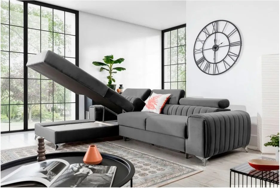 Szürke bársony kinyitható-tárolóhelyes sarokkanapé (bal oldali-heverő résszel) Grayson – ELTAP