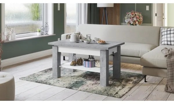 Bővíthető dohányzó-/étkezőasztal polccal ADONIS beton szürke/fehér