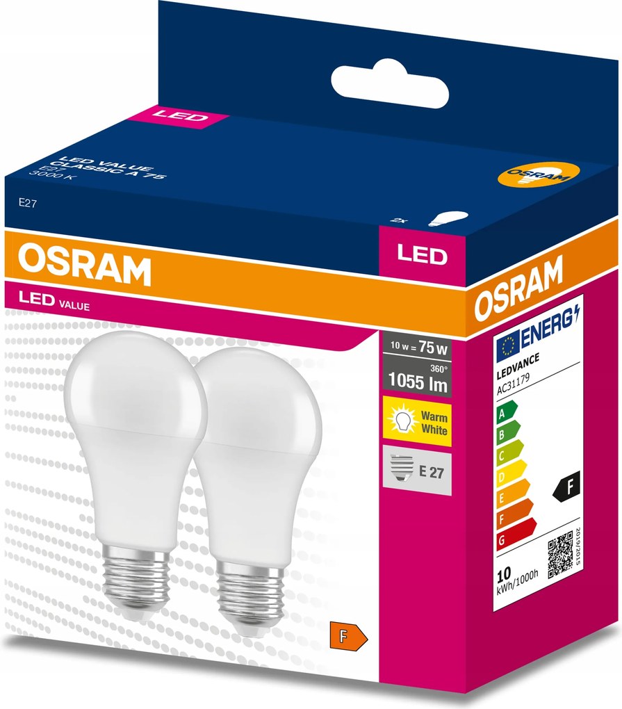 2x Led izzó E27 A60 10W 75W 1055lm 3000K Meleg 200° Osram Value
