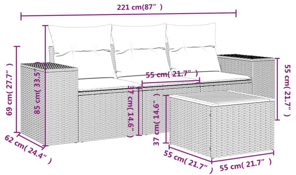 4 részes bézs polyrattan kerti ülőgarnitúra párnákkal