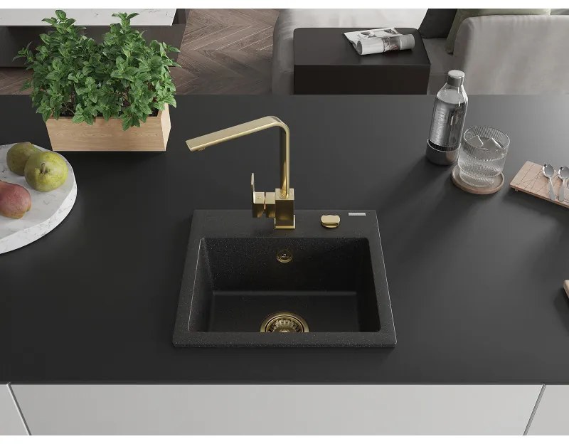Mexen Milo, 1 kamrás gránit mosogató 435x410x171 mm és Rita arany csaptelep, fekete-ezüst metál, 6505-73-670300-50