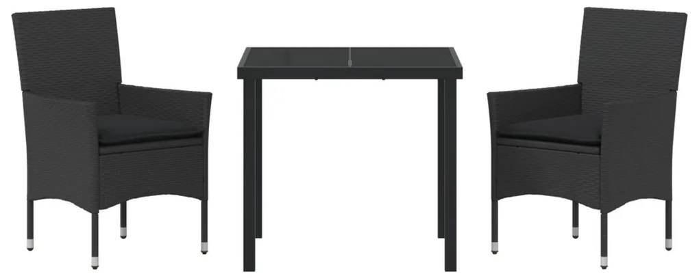 3 Részes Kert Étkezőszett párnákkal Fekete Polirattan, Kert Asztal Fekete 80x80x73 cm Edzett Üveg