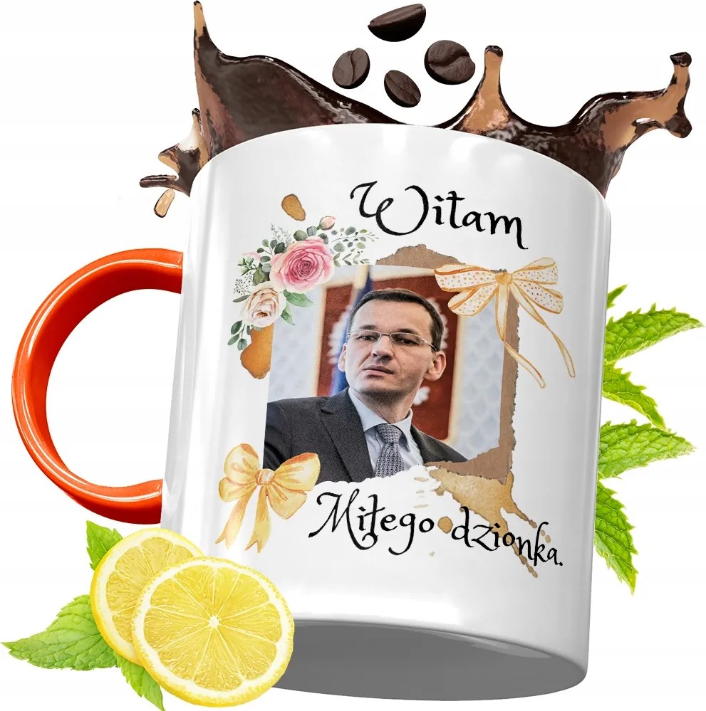 Narancssárga Bögre Mateusz Morawiecki Ajándék fényképes nyomtatással