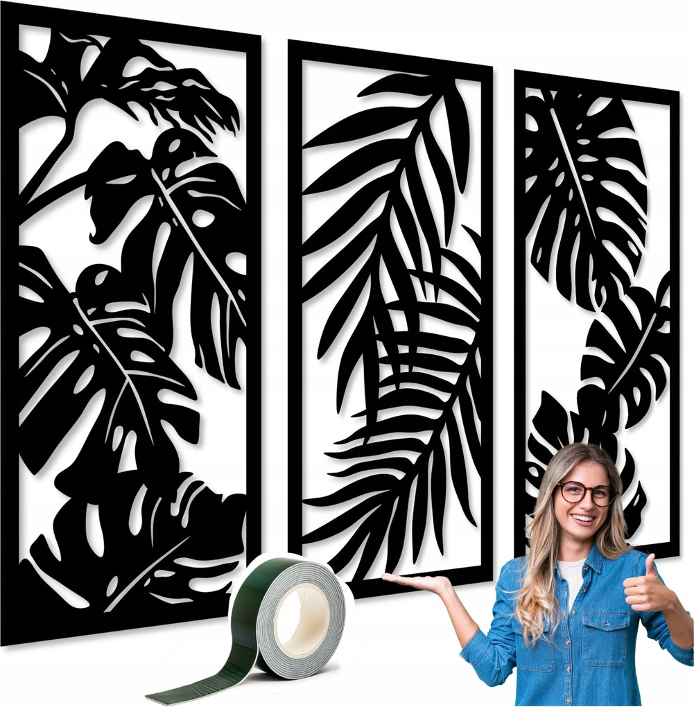 Monstera Áttört Panel Fali Dekoráció 120cm XXL Képek Nappaliba Triptichon