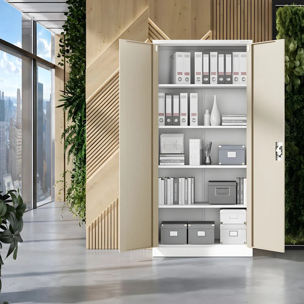 Magas fém irodai iratszekrény, fehér/arany tölgy, 900x1950x400 mm: JAN H Eco Design