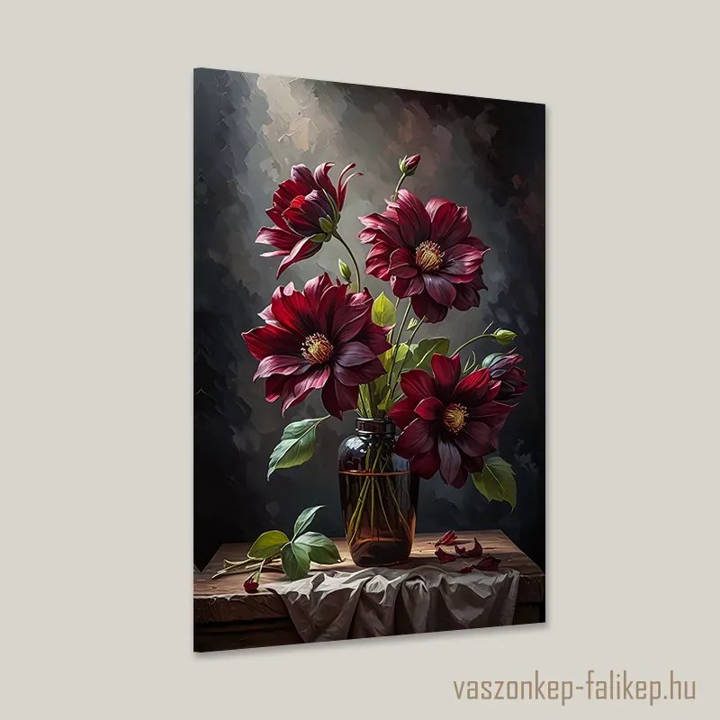 Bordó dáliák vintage vázában – időtlen elegancia otthonra 40x60cm