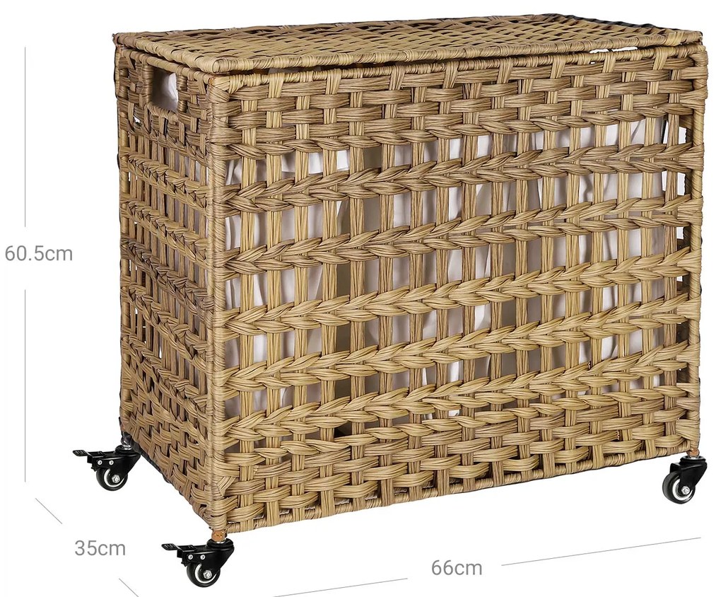 Kézi szövésű szennyeskosár, 3 külön rekesszel, natúr