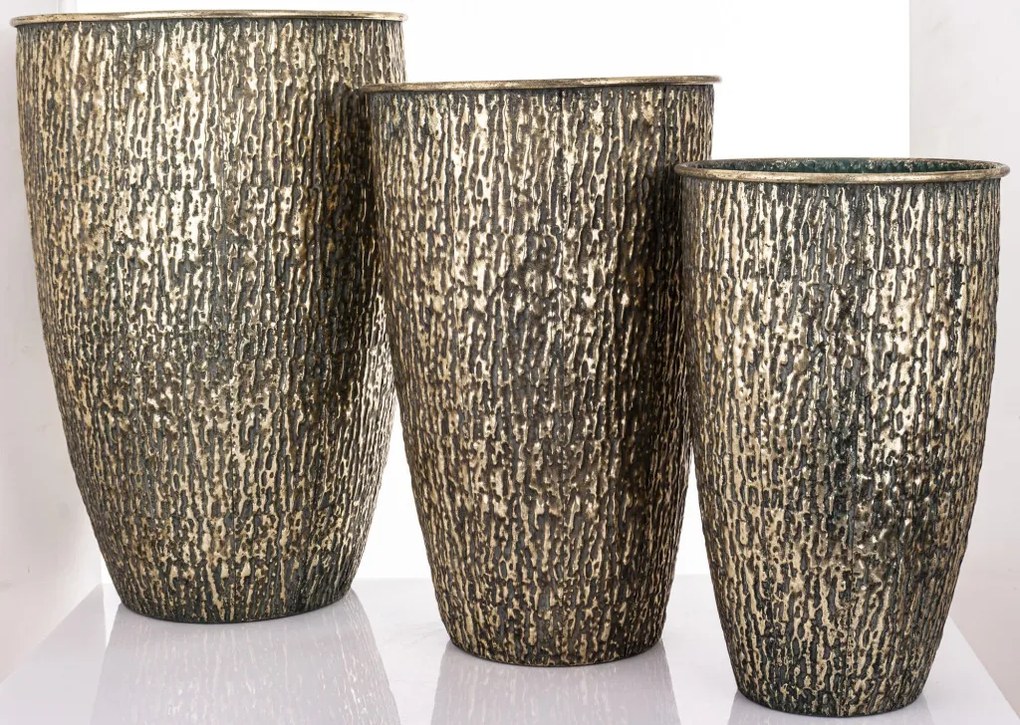 Kaspó 3 db-os szett, arany, zöld fém 61x41x41; 54x34x34; 46x28x28cm